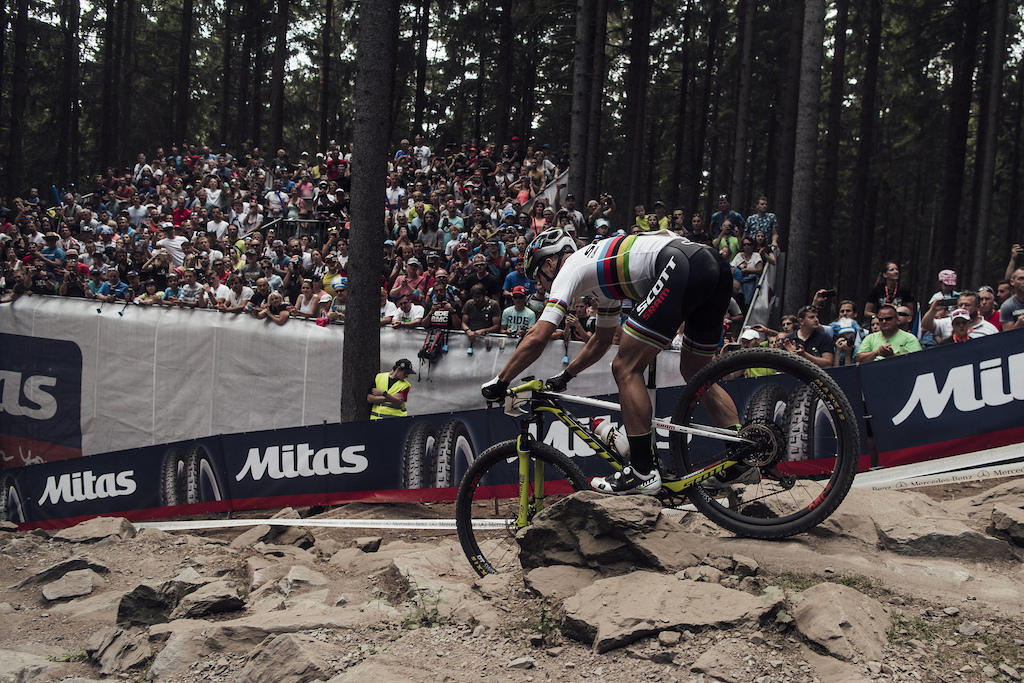 Nino Schurter performs at UCI XCO World Cup in Nove Mesto, Czech Republic on May 27th, 2018 // Bartek Wolinski/Red Bull Content Pool // AP-1VSVZMABN2111 // Usage for editorial use only // Please go to www.redbullcontentpool.com for further information. //