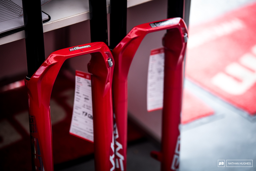 The Trek young guns forks await pick up from service at Sram.