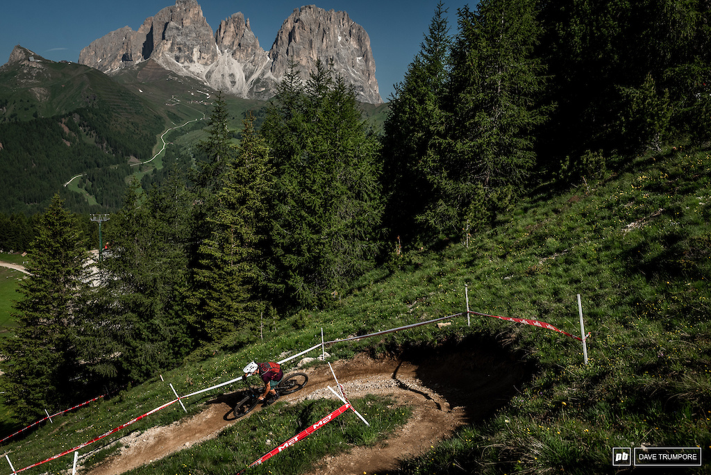 The top of Stage 1 offers some brief views of the Dolomites before diving in to the forest.
