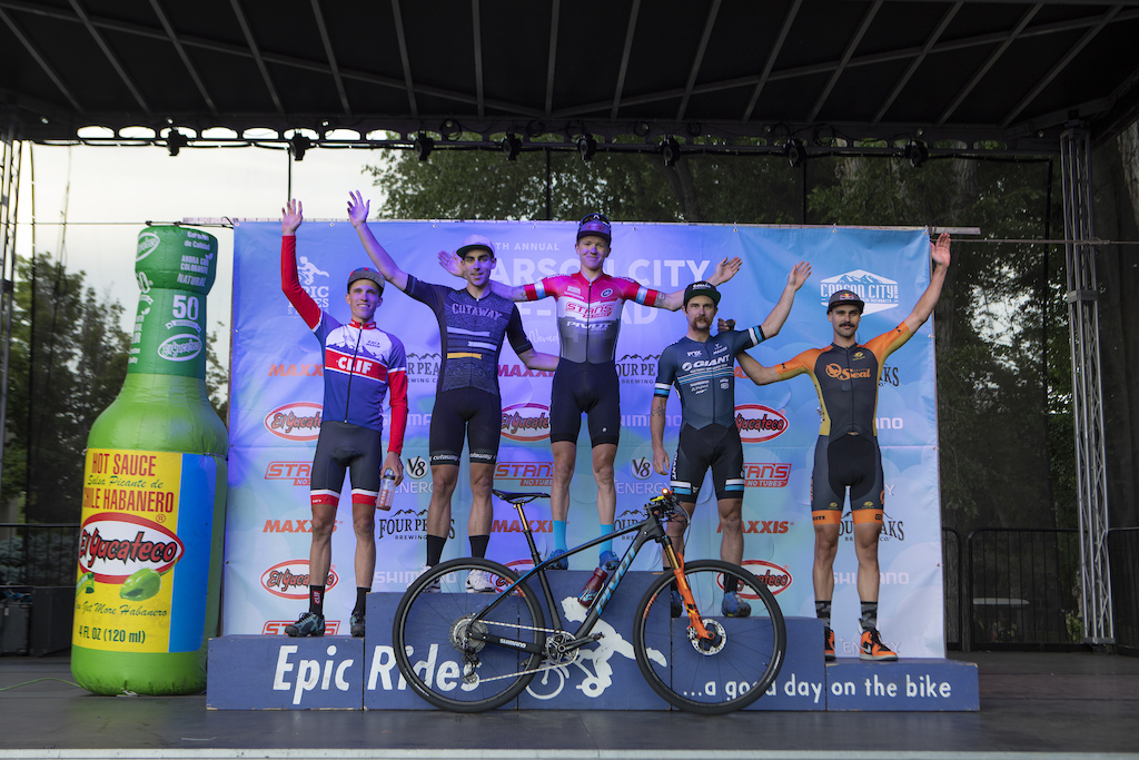 Pro Men's Podium for the the Carson City Off-Road El Yucateco Fat Tire Crit - 
5th: Payson McElveen
4th: Russell Finsterwald
3rd: Tristan Uhl
2nd: Bryan Lewis
1st: Keegan Swenson