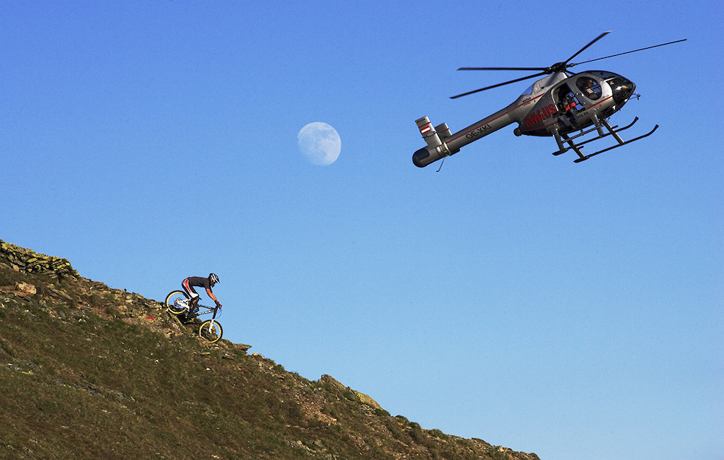 Carlin Dunne is filmed by helicopter (NWD VI) in Hinterglemm, Austria. Photo by Lucas Kane