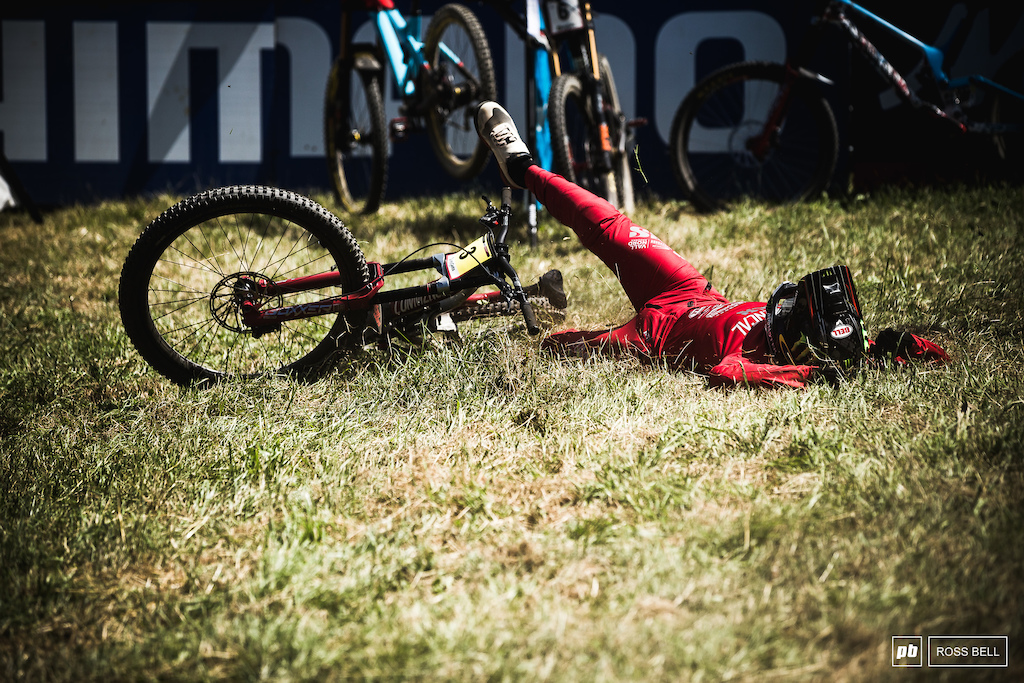 Amaury Pierron ends up on the ground after crossing over the line to an incredible win...