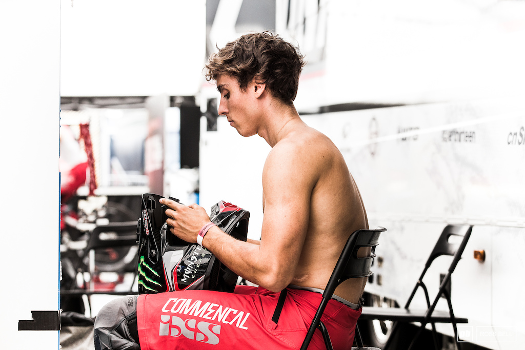 All calm in the Commencal pits as Amaury Pierron prepares for a wild day on the hill.