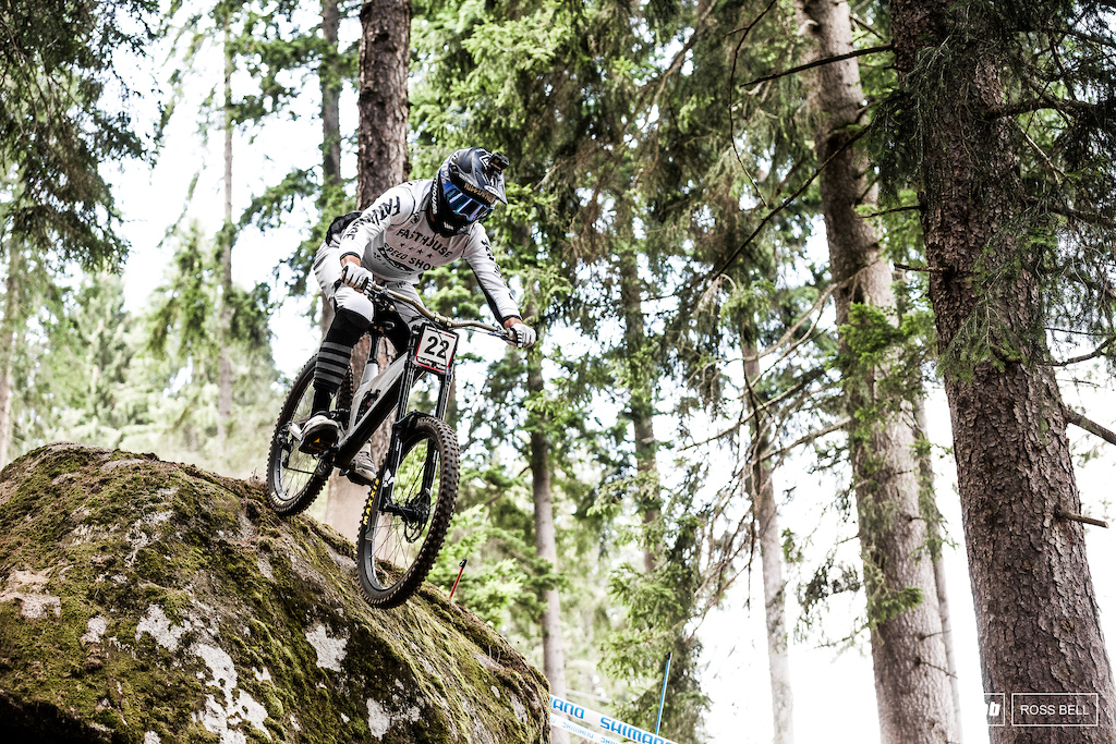 Greg Williamson was one of the only riders opting for this line over the massive boulder near the start of the woods.