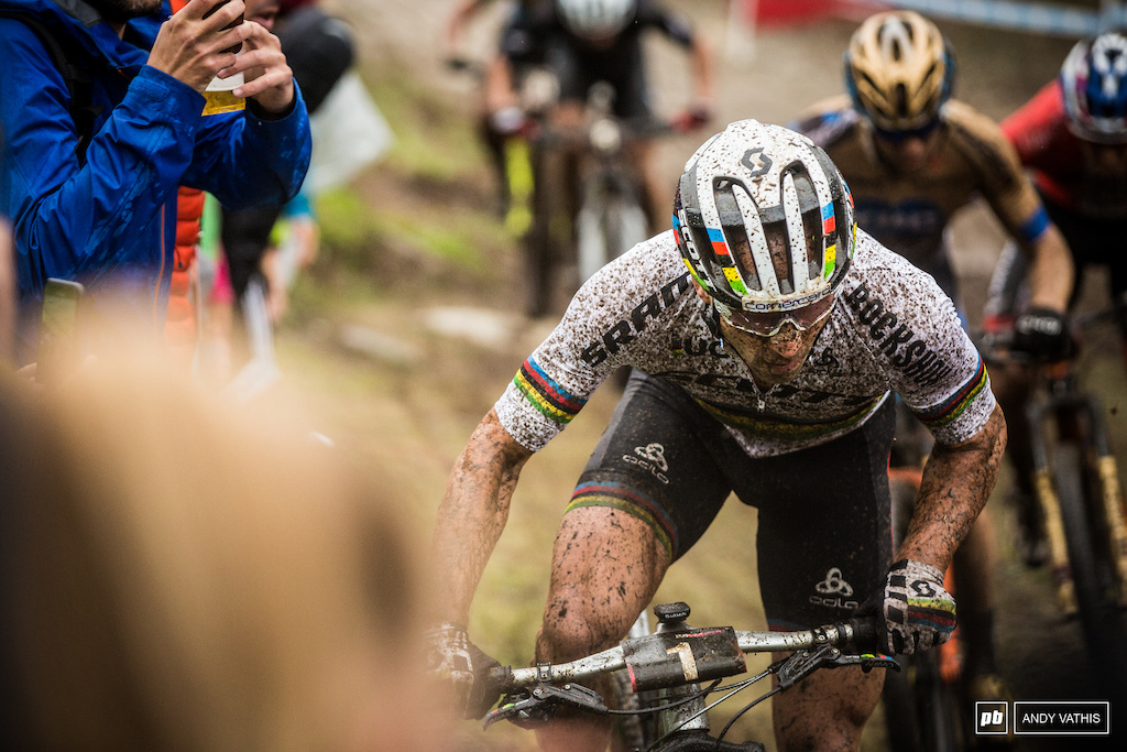 Nino Schurter couldn't find his pace on the slick track.