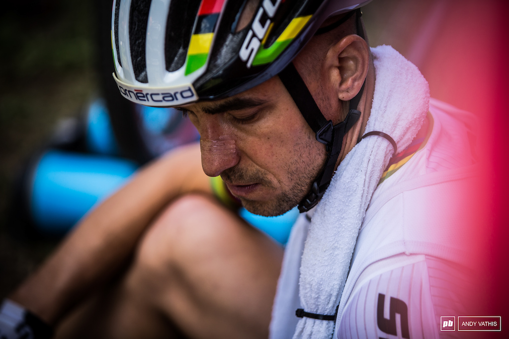 Nino Schurter focusing in on the task at hand. This course will make you suffer.