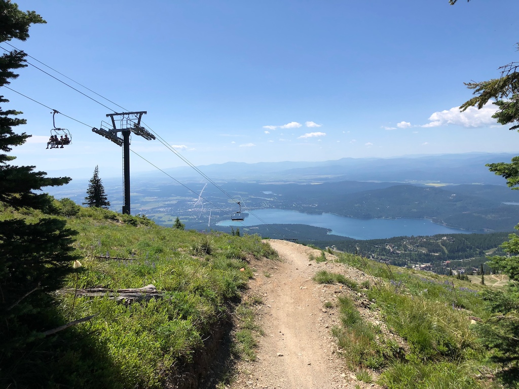 Hikers on an alpine slope with ski lifts visible and a scenic lake valley below.