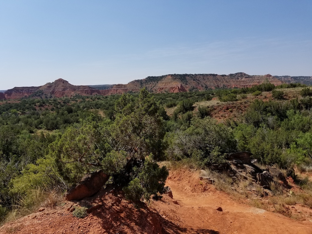 A desert landscape with scrubland, distant mesas and colorful rock formations under blue sky.