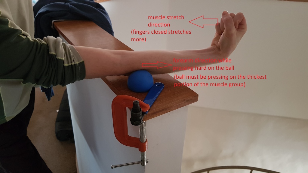 Releasing the fascia hand extending muscle group. If your forearm is sliding too much it helps cleaning both the ball and the forearm with alcohol