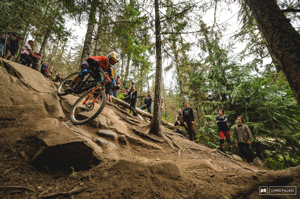 The last bit of tech is some of the most daunting on the course, with wheel swallowing holes and a steep grade. Zakarias Blom Johansen makes light work of it though
