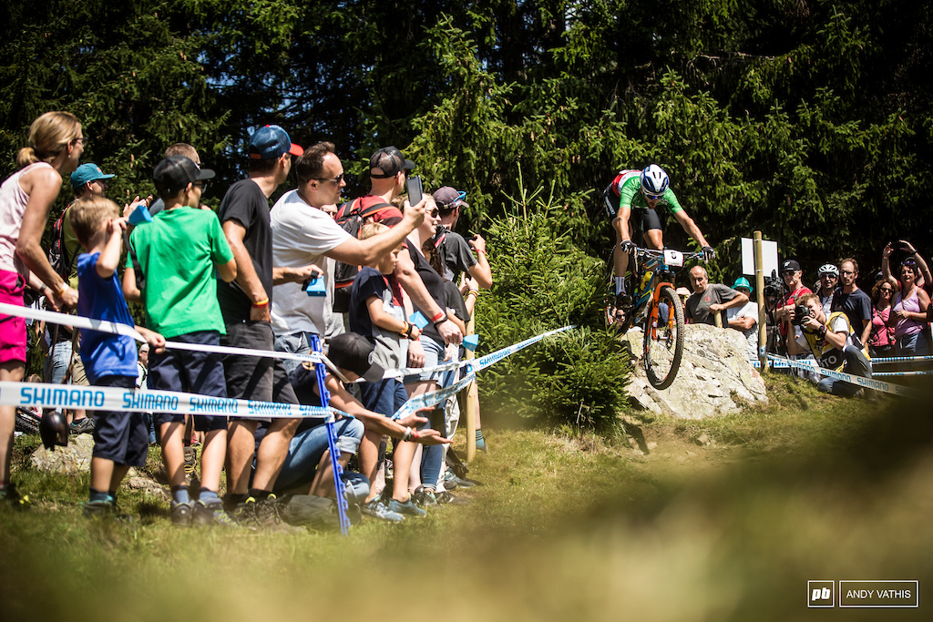 Gerhard Kerschbaumer rolling off the drop above the dual slalom section for the final spot on the podium.