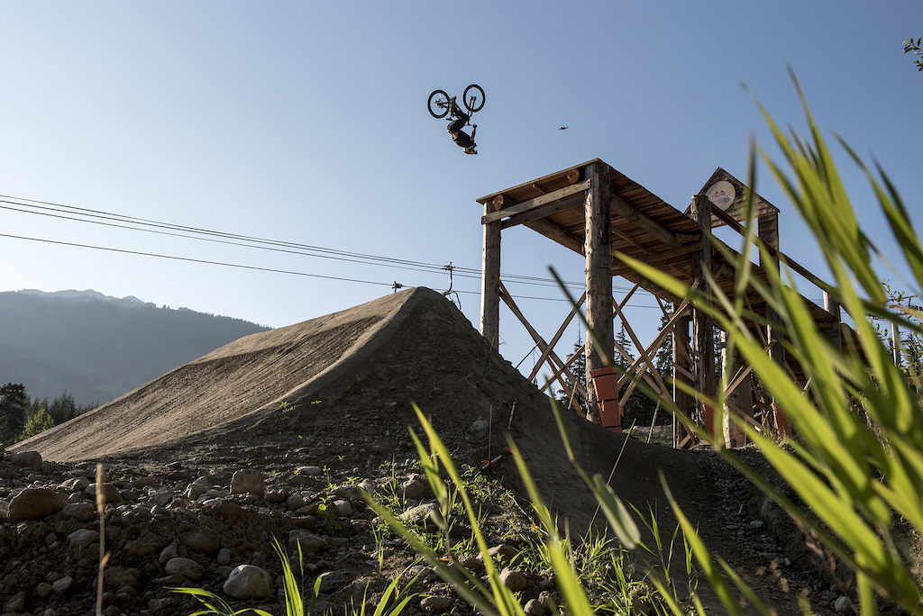 Carson Storch performs during the preview of the Redbull Joyride course in Whistler, Canada on August 7, 2019