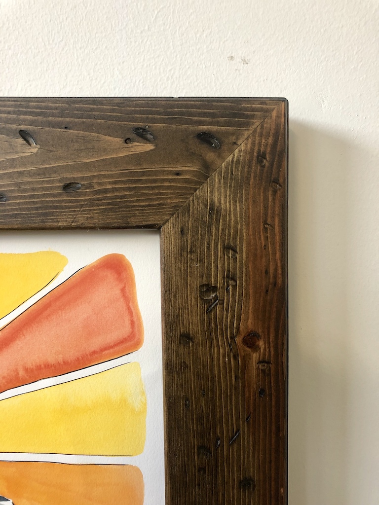 Handmade frame from recycled pallet wood, distressed and stained Jacobean minwax with a matte finish