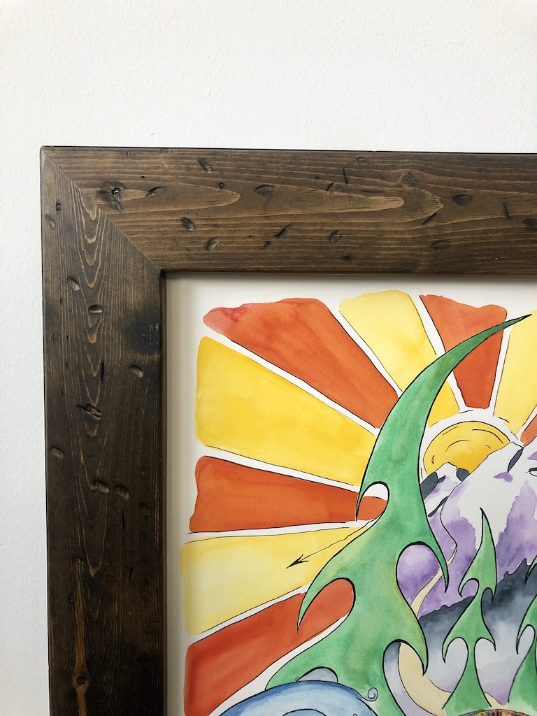 Handmade frame from recycled pallet wood, distressed and stained Jacobean minwax with a matte finish