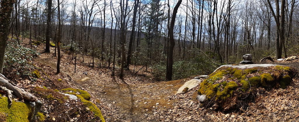 A wide-angle view of the significant rock drop at the intersection with the access trail off fire tower road. You can go to the left to ride around it. Berm-ish right hander soon after the drop.