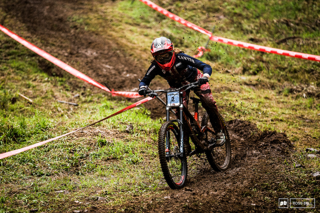 Anna Newkirk looked at ease as the bike squirmed beneath her in the greasy conditions.