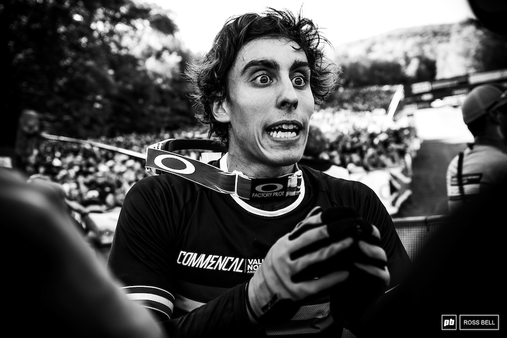 Amaury Pierron gets animated as he describes his race run antics to team mates Gatean Ruffin and Myriam Nicole.