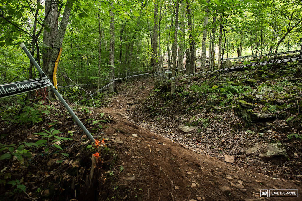 A steep chute and a clever little bench cut to slow riders and force them to change direction. Lots subtle little trails building details are evident on this track.