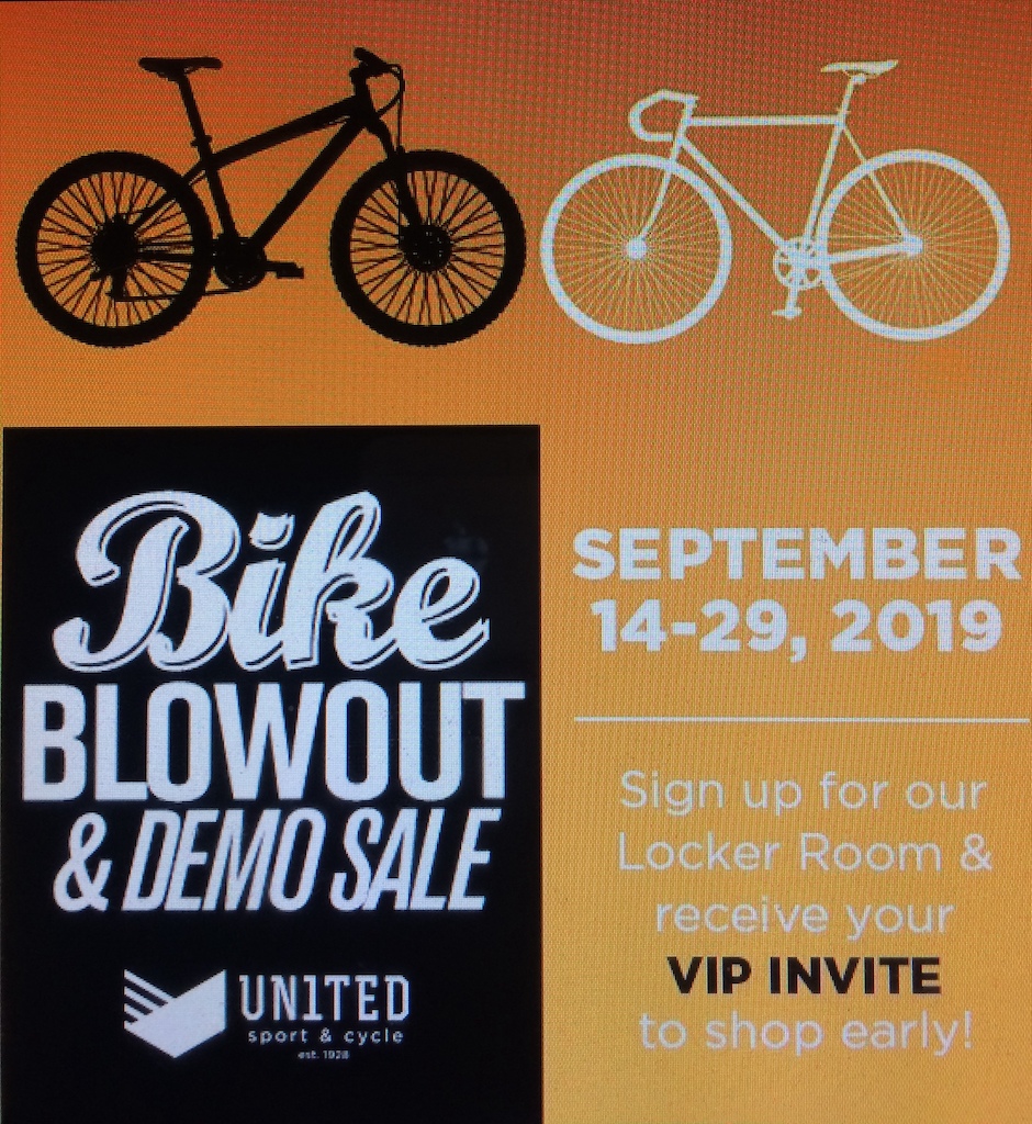Thousands of you have been asking about it and it’s almost here: Our BIKE BLOWOUT & DEMO $ALE, where almost 100 of our DEMO BIKES go on $ALE, will start this weekend! Want a chance to shop this incredible $ALE before anybody else and get to pick your bike first? Then go to our website and sign up for our Locker Room to get your exclusive early shopping invite! https://www.unitedsport.ca/locker-room/

#UNITEDSPORT1928
#THOSEINTHEKNOW
#YEGBIKE
#YEGLOCAL
#YEG