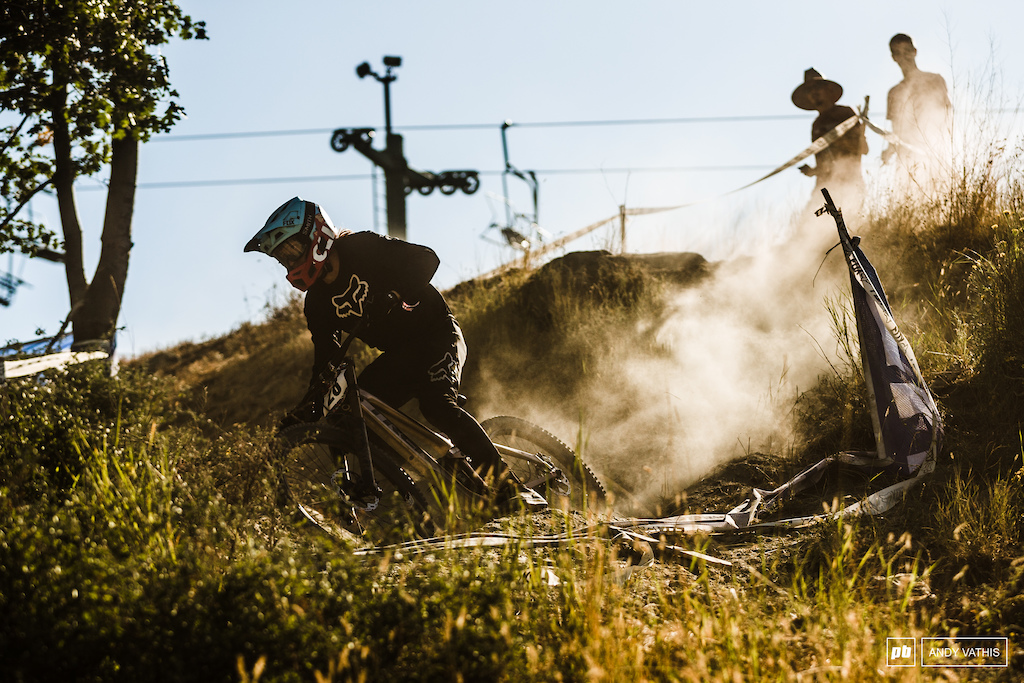 Brett Rheeder trying his hand at downhill racing. His biggest adjustment was a bike setup with actual suspension sag.