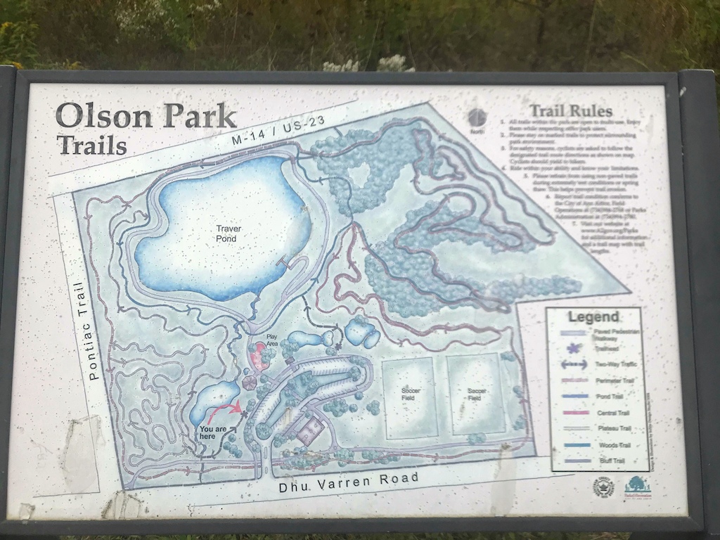 Olson Park Trails map. Note that map shows that sanctioned trail directions are opposite to those published on Trailforks.