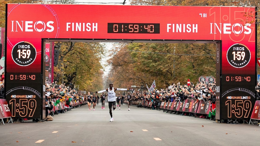 Kipchoge crosses the line finishing the INEOS 1 59 challege. NOHUMANSLIMITED