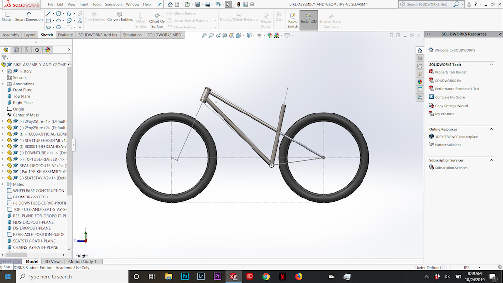 My current, unfinished design and geometry for my trail/all-mountain hardtail being designed and digitally tested and analyzed winter 2019, before small-batch manufacturing in 2020.