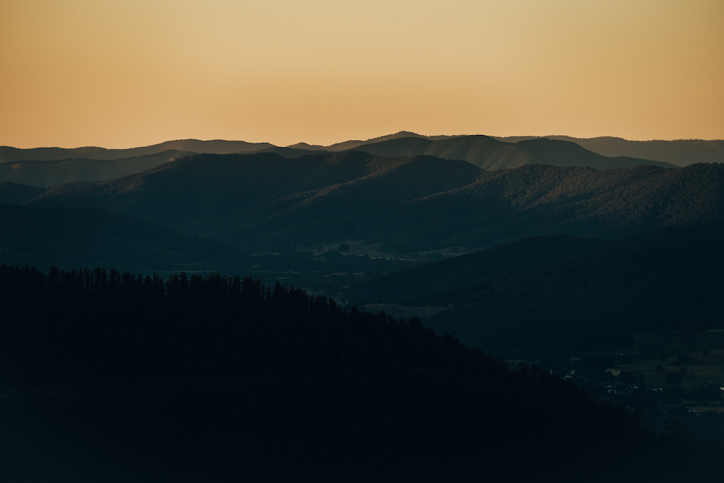 Last light over the surrounding hills in Bright.
