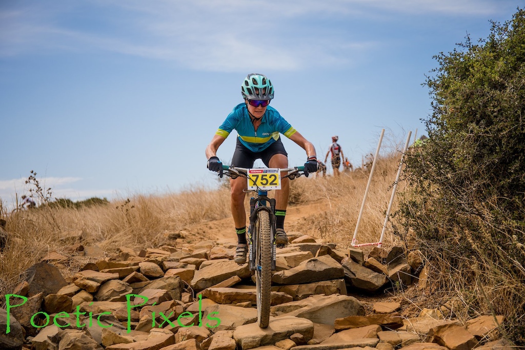 Western Province XCO round 1 and SA cup round 1 at Bloemendal, Cape Town, 2019. Down a rock garden.
