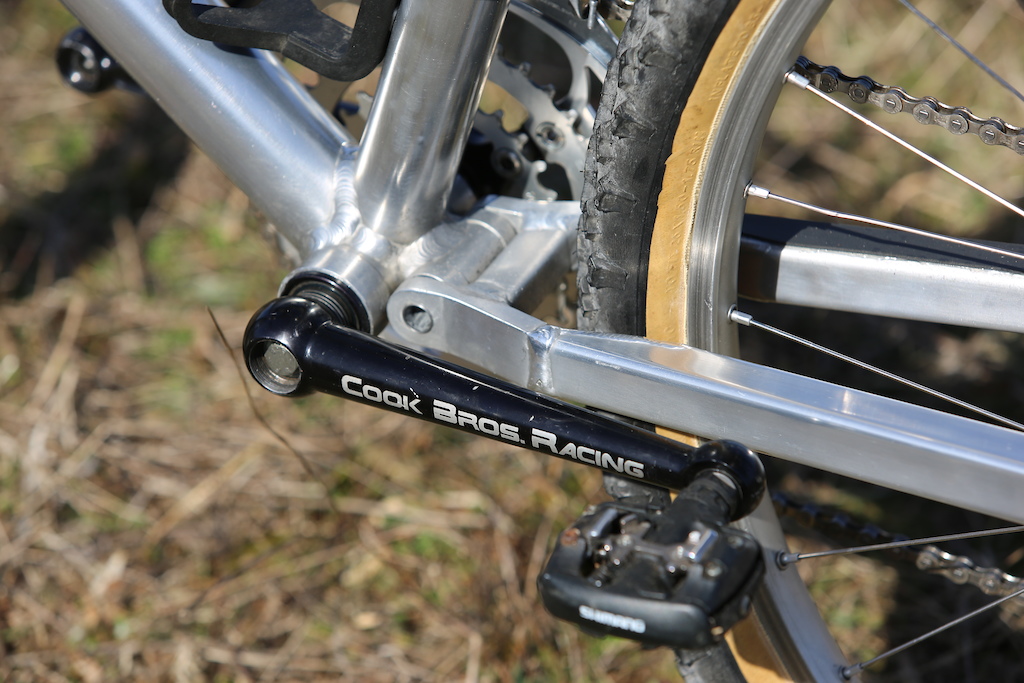 Later versions of this bike would see an elegantly machined swing arm but this early prototype settled for a simple welded section.
