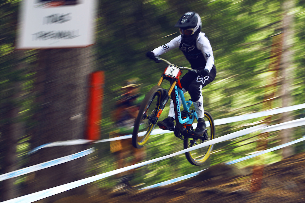 Laurie Greenland flying to his first WC elite win at 2019 Val di Sole DH World Cup.