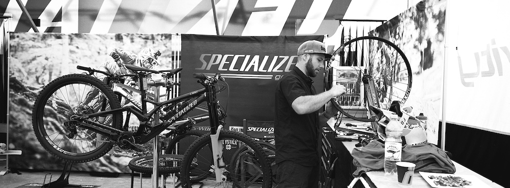 Finn's wheels getting some much needed love in the Specialized booth.