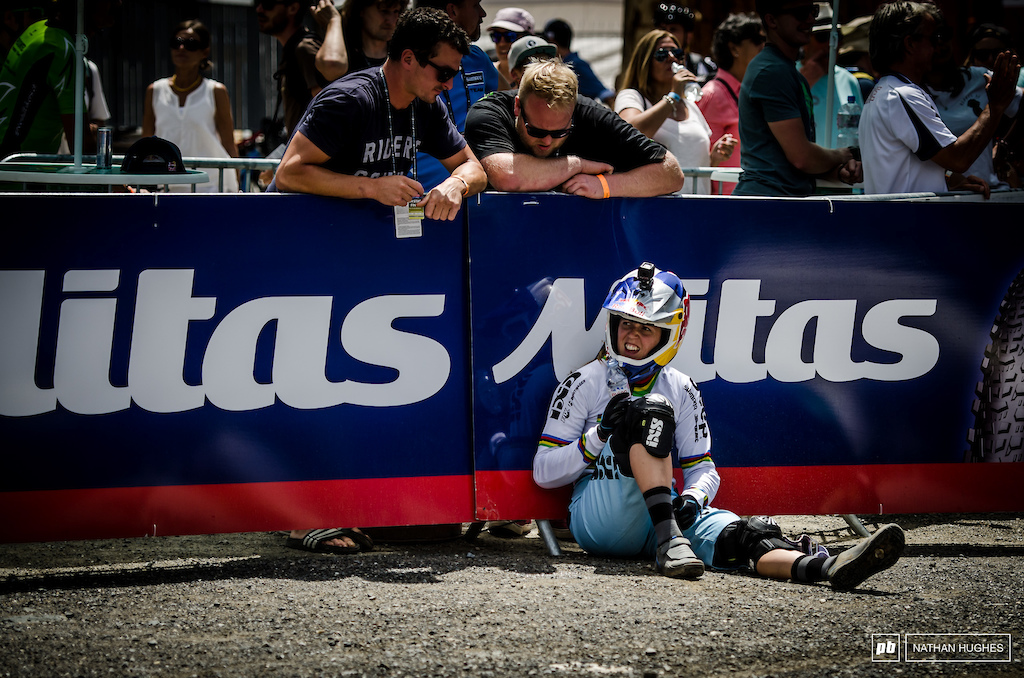 Atherton feeling beat at the end of her working day at Lenzerheide after coming in 2nd to Nicole.