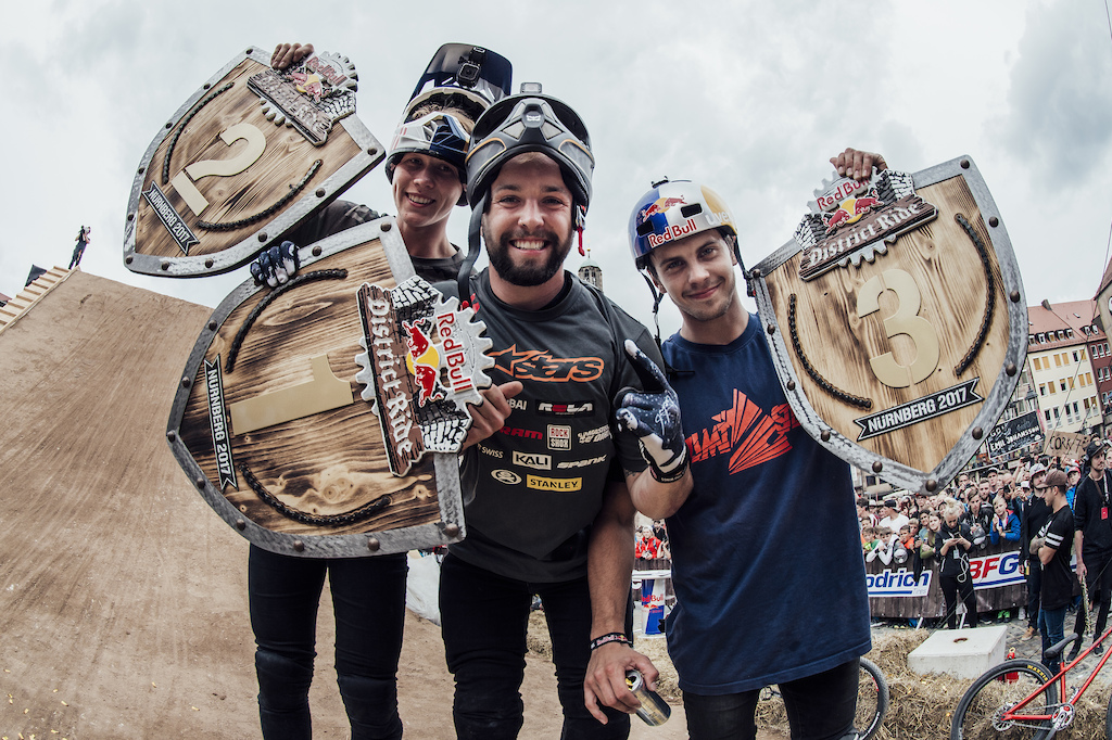 Nicholi Rogatkin United States (C) celebrates with Emil Johansson Sweden (L) and Szymon Godziek Poland (R) during the Award Ceremony at the Red Bull District Ride 2017 in Nuremberg, Germany on September 2nd, 2017

Bartek Wolinski/Red Bull Content Pool