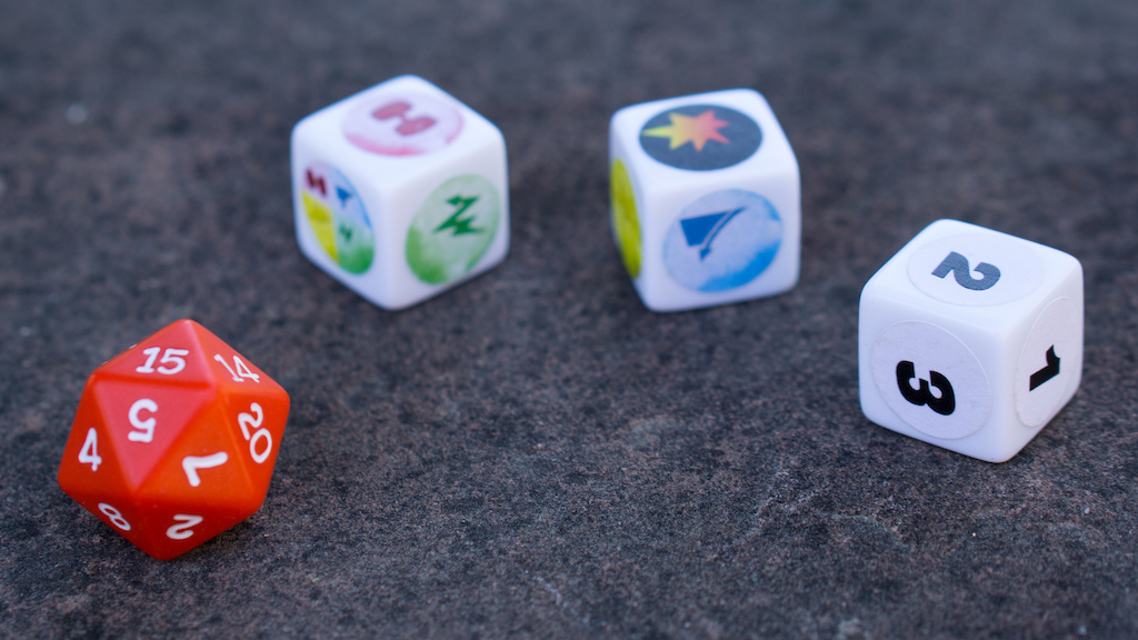 SEND IT! game dice (L to R): Sending Die (D20), two Training Dice (D6), Riding Die (D6)
SEND IT! is now available on Kickstarter. Reserve your game now: https://www.senditboardgames.com/kickstarter/