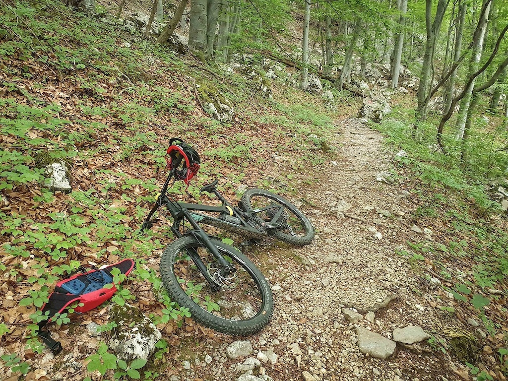 A mountain biker in a red and black jersey riding down a rocky, rooty forest trail.