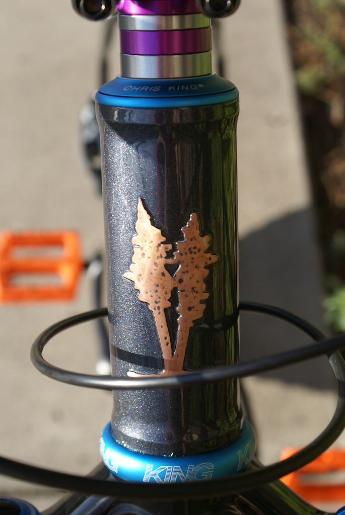 My latest hardtail.  Chris King Headset, Copper head badge.  Twin Ponderosa Pines.
Byutte Bikes