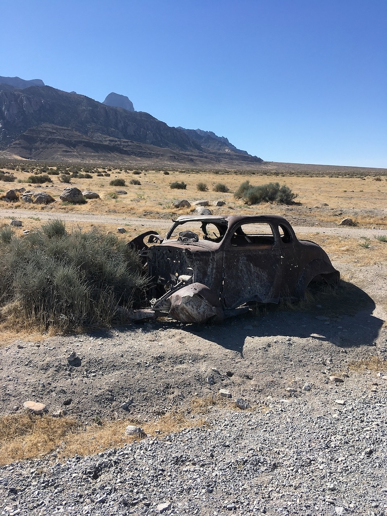 Old car abandoned near Notch Peak.  Looks like a Dodge coupe from the late 30s judging by longer/flatter deck lid.