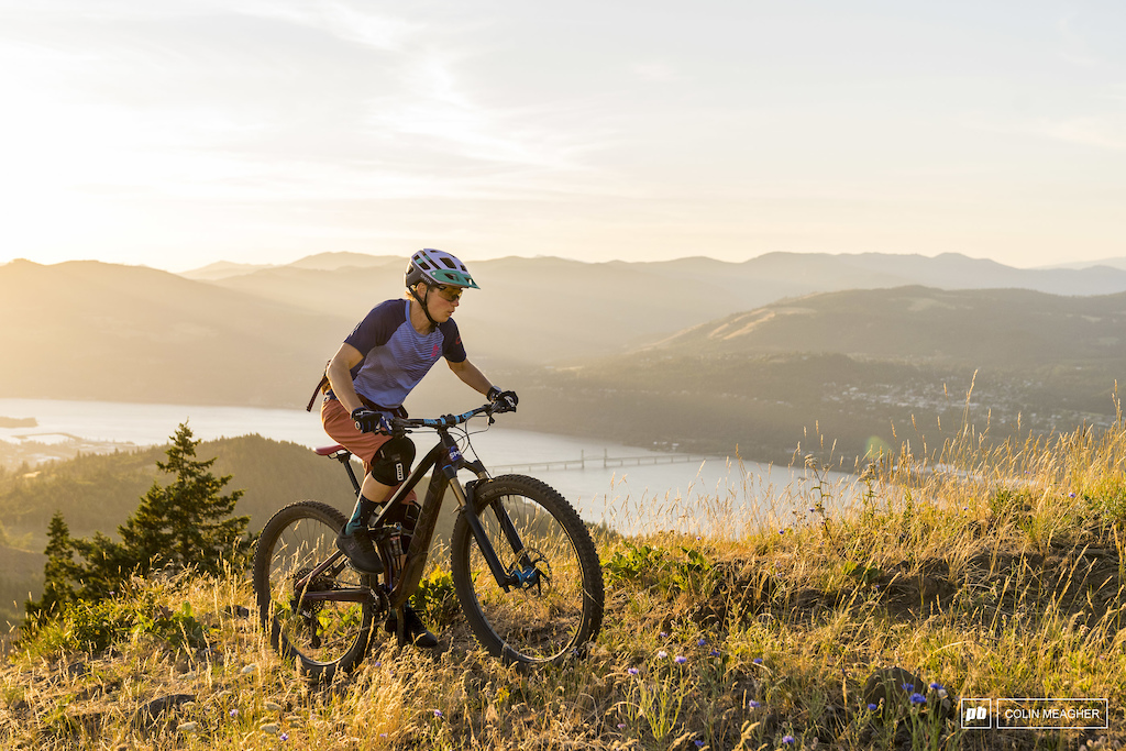 Etnies Bekah Rottenburg high above Hood River for a sunset ride.