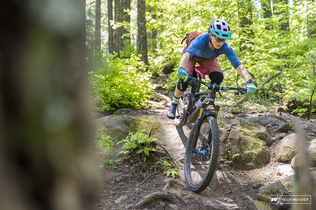 Shimano Bekah Rottenberg testing traction on Hidden Trail in Post Canyon outside of Hood River, OR