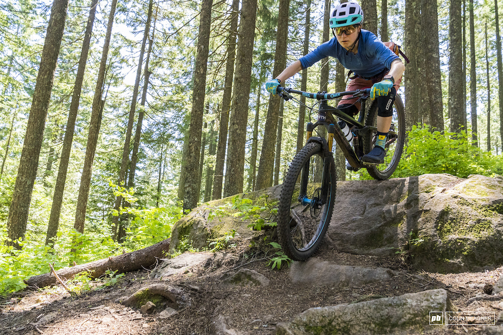 Shimano Bekah Rottenberg testing traction on Hidden Trail in Post Canyon outside of Hood River, OR