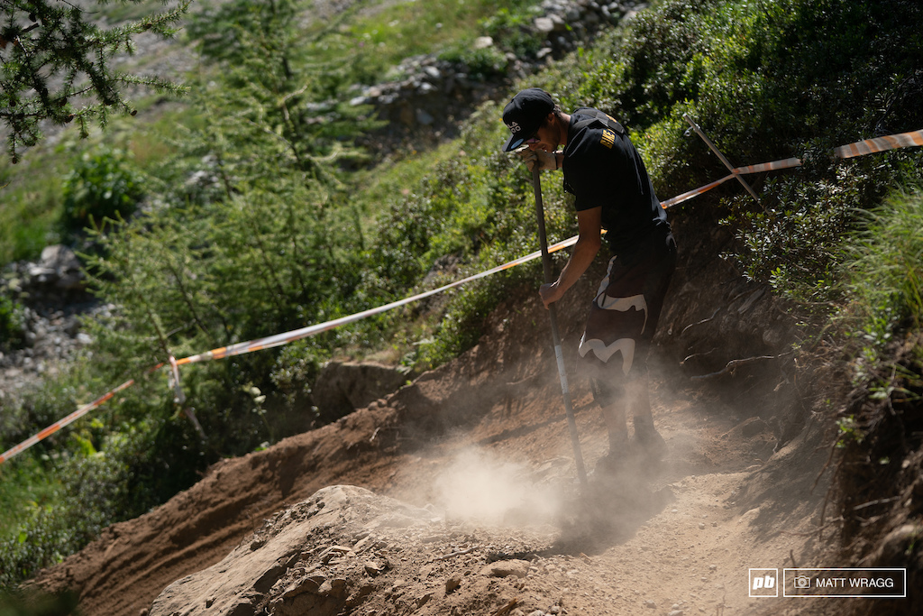 In France they call the trail builders "shapeurs" (pronounced 'shay-pers'). This is Damien the shapeur here in Isola making sure the track is ready for the race runs.