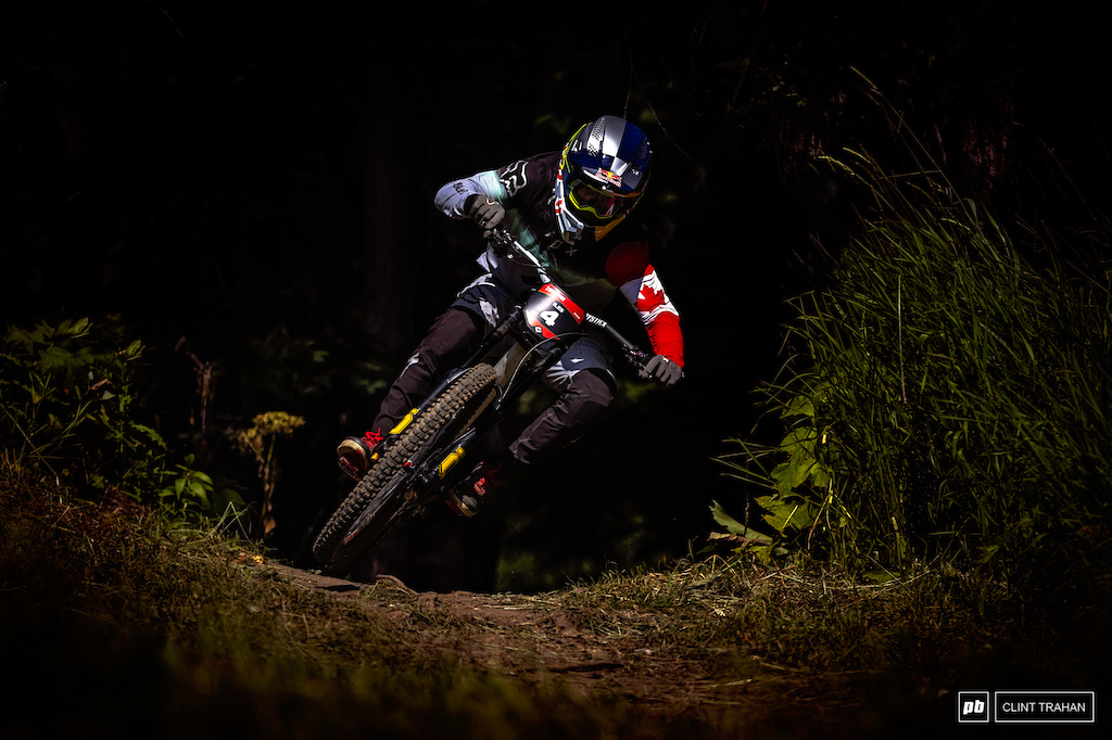 Finn Iles cutting his way to the DH win at Sun Peaks during CLIF Crankworx Summer Series.
