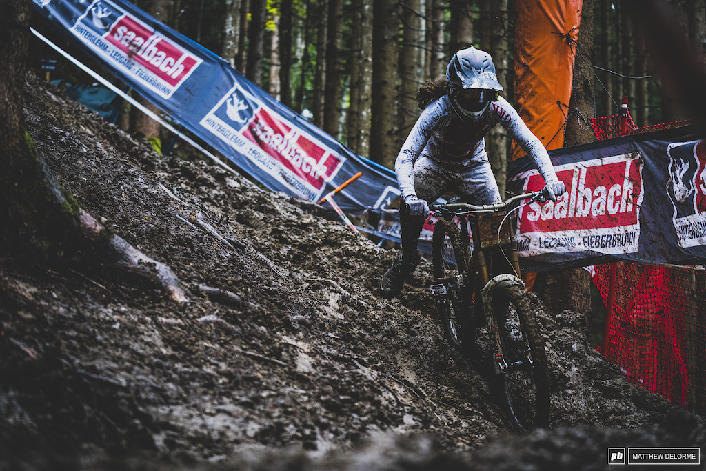 Camille Balanche took the win for the women Slipping and sliding just enough to keep her speed up in the woods.