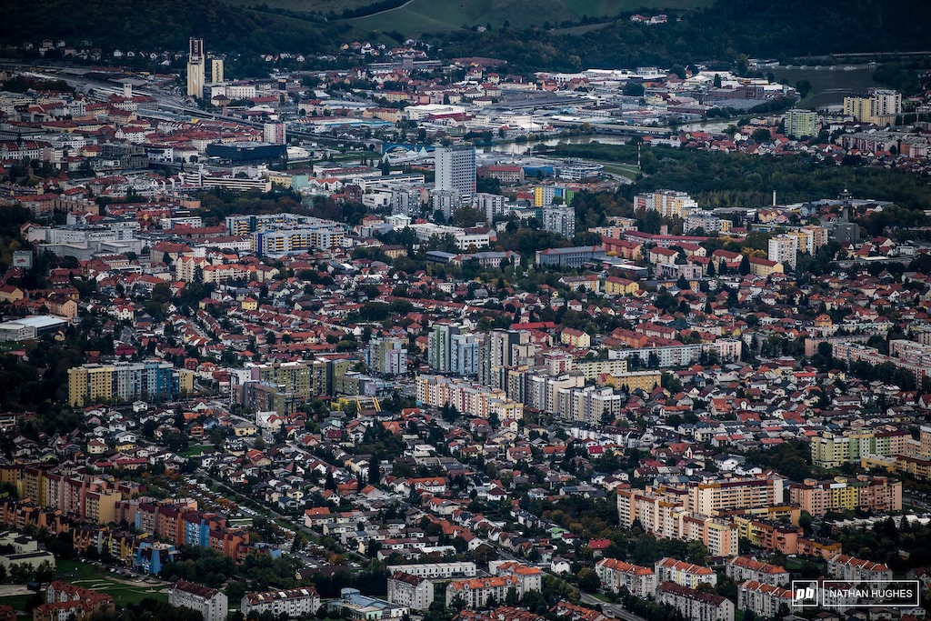 The city of Maribor sprawls out below the forested mountainside the hides the World Cup track.