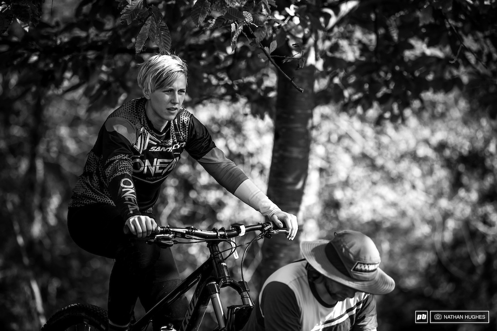 German DH sensation, Nina Hoffmann, getting the legs primed for some fierce pedalling.