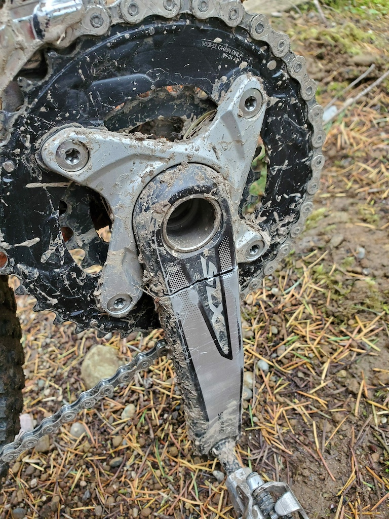 Broken Shimano SLX Crank. Cracked while riding downhill, no recent crashes. It was on my 2013 Explosif hardtail, so it's a bit older, but it hadn't seen more than 1500 miles.