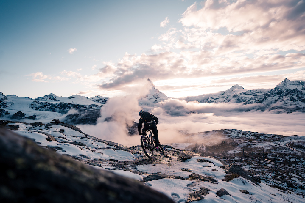 Riding in front of the Matterhorn just after some snowfall at sunset