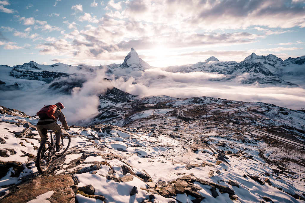 Riding in front of the Matterhorn just after some snowfall at sunset