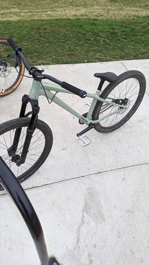 This is a picture of my dirt jumper taken at the Cordata pumptrack, as of January, 2021
